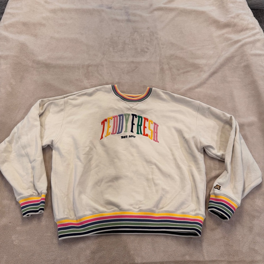 Teddy Fresh Rainbow Striped Crewneck Sweatshirt Streetwear Retro Pastel Sz L - Picture 2 of 10